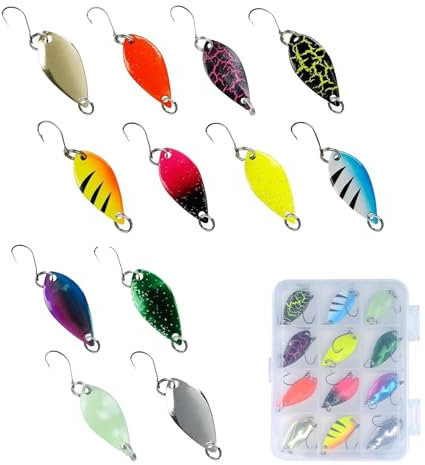 SVOCK 12PCS Spoon Trout Area, Esche Artificiali Trout Area Spoon Kit 2.5g 3.5g 5g, Pesca Accessori Spoon per Pesca Alla Trota, Set di Esche in Metallo Cucchiaini Pesca Trota Lago
