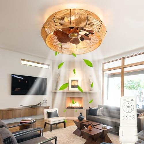 18.9 Cage Ceiling Fans with Lights Industrial Retro 6 Speed Timer E27 Ceiling Fans with Lamps Quiet Reversible DC Motors Paper Rope Vintage Ceiling Fan with Light and Remote For Bedroom Living Room