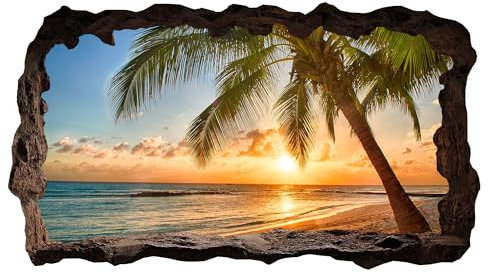 Indigos UG - Wandtattoo Wohnzimmer 3D Effekt - 100x57 cm - Wandaufkleber - Palme Meer - Durchbruch Wanddeko - Steinhöhle - Landschaft, Ausblick - für Wohnzimmer, Schlafzimmer, Küche, Bad, Kinderzimmer
