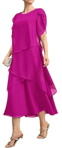 Vsadsau Vestido irregular para mujer, color liso, manga corta, cuello redondo, para fiesta, boda, por debajo de la rodilla, fucsia, L