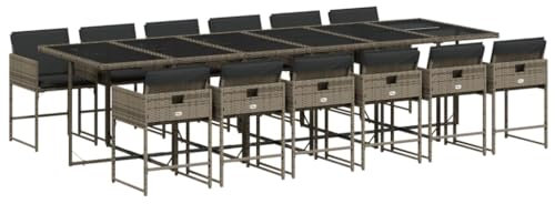 vidaXL Garten Essgruppe 13-TLG., Gartenmöbel Set mit Kissen, Gartengarnitur Tisch 12 Stühle, Sitzgruppe Sitzgarnitur, Grau Poly Rattan