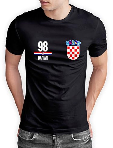 Kroatien T-Shirt „EM 2024“ Hrvatska Trikot Fußball Shirt Herren Damen Unisex Europameisterschaft - personalisiert mit Zahl & Namen - Fanartikel Fan-Outfit, Schwarz, Gr. XL