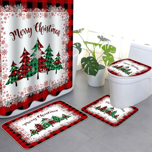 APROPHIC Set di Tende da Doccia Natalizie da 4 Pezzi Set da Bagno in Plaid Rosso Albero di Natale Con Tenda da Doccia e Tappeto, Tappetino per Coperchio WC e pad a Forma di U 72x72 Pollici