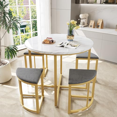 Merax Essgruppe mit runden Esstisch und 4 Hockers, modernes Marmor-Muster Tischplatte, kuschelige Samt Stühle, platzsparendes Design für Esszimmer, Küche, Wohnzimmer, grau