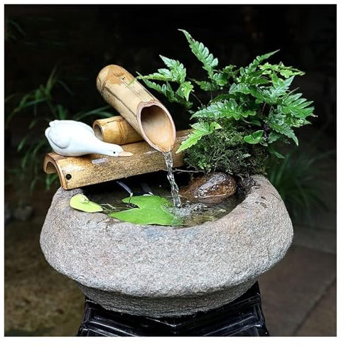 YDHSIKK Fontaine d'eau Feng Shui pour Jardin Zen Fontaine à Eau Japonaise, Fontaine à Eau de Jardin Zen aux Accents de Bambou avec Pompe et Bols en Pierre, Mini Bain d'oiseaux for étang à Poissons