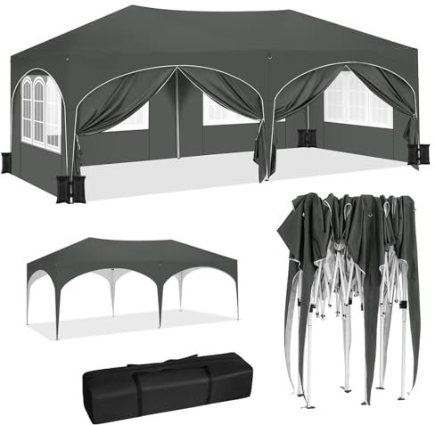 WOLTU Pavillon mit 6 Seitenteilen 4 Sandsäcke, Faltpavillon 3x6m mit Halbmonddach Tragetasche, Gartenpavillon wasserfest stabil UV-Schutz, Partyzelt Outdoor höhenverstellbar, Grau