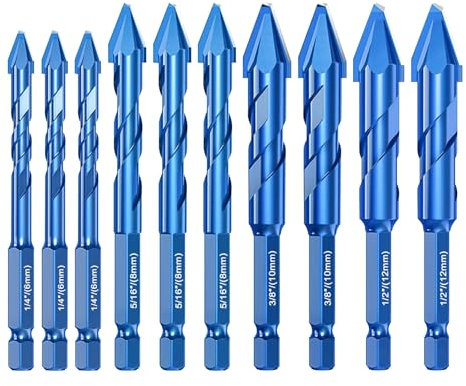 Lot de 10 forets hélicoïdaux excentriques haute résistance, 6/8/10/12 mm, haute dureté, tête inclinée, poignée hexagonale pour carrelage, verre, plastique, ciment et granit (bleu)