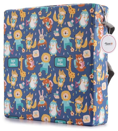 Zicac Portable Réhausseur Coussin de Siège Chaise Haute avec Boucle de Sécurité pour Repas Voyage de Bébé Bambin Enfant Tout-Petit Motif de Cartoon Animaux Coloré (Bleu/Jaune)