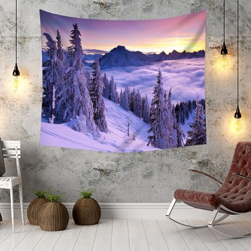 KnSam Wandteppiche 350x256cm, Natur Landschaft Wandteppich Sonnenaufgang Baum Berg Wolken Wandbehang Polyester Accessoires für Zimmer Wohnheim Schlafazimmer, Gelb Grau