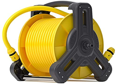 Wandmontierbares Schlauchtrommel-Set für Garten mit Schnellverbindern und verstellbarer Düse, hält 50 m 1 Zoll Schlauch, platzsparendes Design, Schwarz und Gelb, 30 m