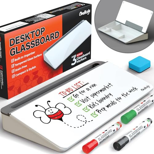 Chalkola Glas Schreibtisch Whiteboard mit Aufbewahrung - Tisch Organizer, Tastaturständer, Büro Zubehör, Homeoffice Schreibtisch Accessoires, Kleines Glas, Arbeitsplatz Desktop Buddy + 3 Marker