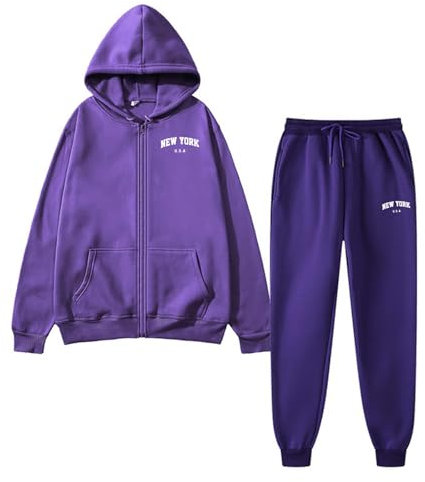 Juquenazi Tuta da jogging da uomo, streetwear, 2 pezzi, tuta sportiva da donna, con cerniera, con tasche e pantaloni sportivi, in due pezzi, Y2K Hip Hop, A viola, M