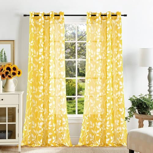 MRTREES Rideaux Voilage Fenetre Jaune Salon Moderne Lot de 2 Panneaux de Rideaux Intérieurs, 140x225 CM, Rideau en Voile Transparent Motif Imprimé Feuilles à Oeillets pour Chambre Adulte