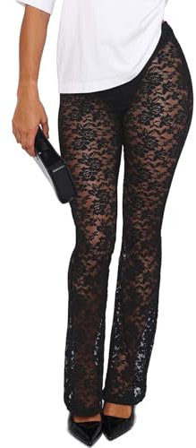HAWILAND Spitzenhose Damen Sexy Mesh Schlaghose Rave Hose Bootcut Netzhose Festival Party Club Tanz Outfit Schwarz L