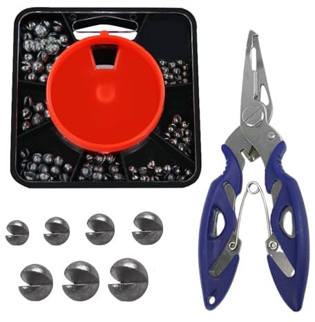 WORUIB 180 Pcs Fishing Weights, Stainless Steel Split Shot Fishing Weights with Pliers and Compartment Box, 7 Sizes, Non-Toxic Fishing Sinkers Dispenser Weights for Coarse Angling