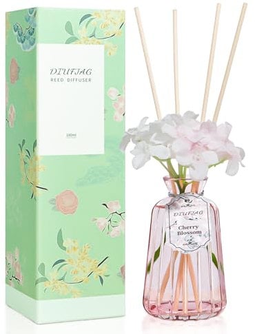 DIUFJAG 180ml - Cherry Blossom Kirschblüte Raumduft Duftstäbchen Mit 8 stäbchen,Home Duft Reed Diffuser Lufterfrischer für Schlafzimmer Büro Badezimmer Regal Dekor
