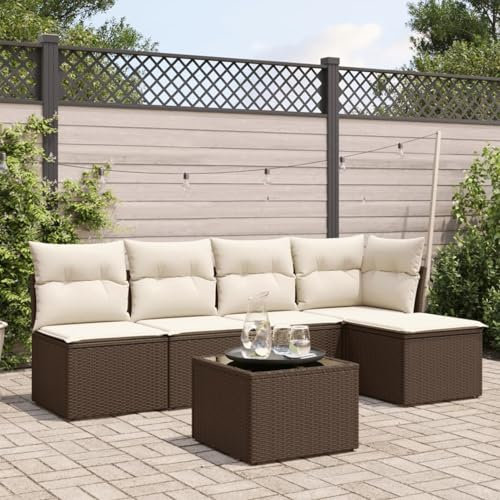 IKAYAA Rattan Gartenmöbel Set mit Stauraum Balkonsofa Kleiner Balkon Balkon Lounge Gartensofa Polyrattan Lounge Terrassenmöbel Ecksofa Outdoor mit Kissen Poly Rattan-Braun und Creme-6-tlg