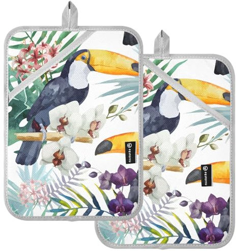 Tropical Birds - Juego de 2 almohadillas calientes para horno, resistentes al calor, para platos calientes para cocinar cocina estética, color blanco