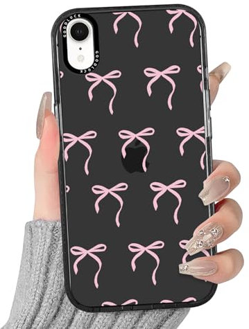 Yirlbey Transparent HandyHülle für iPhone XR Hülle, Aesthetic Rosa Schleifen Muster Bunt Design Mädchen Geschenk Schutzhülle, Silikon TPU Harter PC-Rückseite Case Cover für iPhone XR 6,1,Schwarz