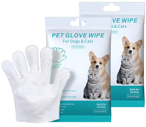 Neyeau 12PCS Pet Glove Wipe for Dog & Cat,Dog Wipes Cat Wipes Cleaning Gloves,Wash Free Gentle Deodorizing SPA Finger Wipes Clean & Dry Paws for Puppy Kitten Bath Grooming Fur Face Ears Butt Body