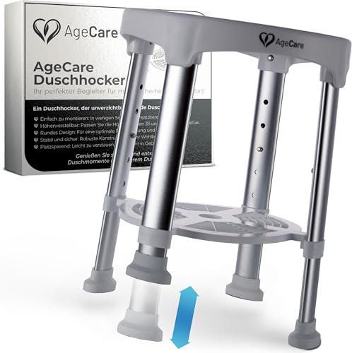 AgeCare - Duschhocker für Senioren & Erwachsene | höhenverstellbar | Leichter Badhocker rutschfeste Gummifüße Duschstuhl bis 130KG belastbar | Duschhilfe Senioren