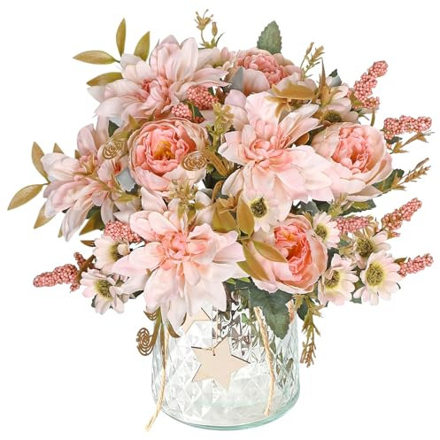DEMIUKO 2 Bündel Dahlien Künstliche Blumen Rosa Pfingstrosen Seiden Blumensträuße Kunstblumen Fake Blumen Vase Deko für Hochzeit Partei Tischaufsätze Blumenarrangement Innen Außen Dekoblumen