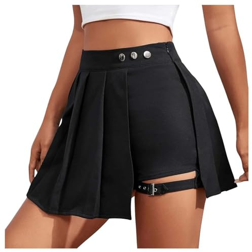 Generisch Rave Outfit Damen Leder Shorts Kurz Kurze Mädchen Lederoptik Faltenrock Plissee Mit Schlitz Clubwear Sommer Ledershort Kunstleder Rock Schnalle Hose Party Y2k Hotpants