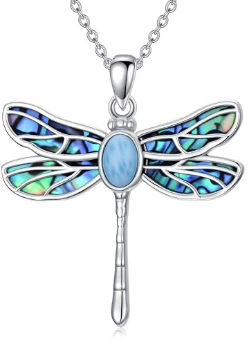 SLIACETE Natürliche Larimar Libelle Halskette für Frauen 925 Sterling Silber Libelle Anhänger mit Abalone Muschel Larimar Schmuck Libelle Geschenke für Mama Frau