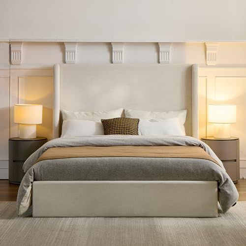 NTYUNRR Queen Size Upholstered Platform Bed Frame, Tall Wingback Headboard | 54 High Headboard Carmen Wingback Beds, Low Profile Floor Bed Frames, No Box Spring Needed No Noise, Textured Ivory