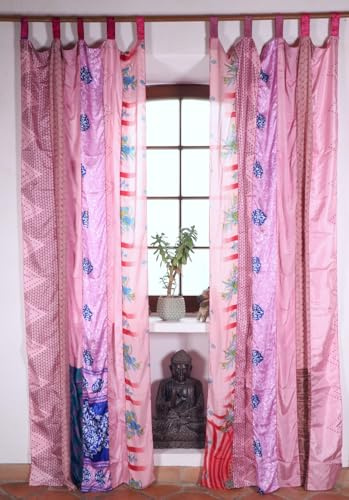 GURU SHOP Vorhang 2 Stück seidige upcycling Gardine aus Patchwork, pink | Lichtdurchlässige Vorhänge aus 100% Polyester, ideal für gemütliche Boho-Atmosphäre, Unikat-Design, kunstvoll verarbeitet