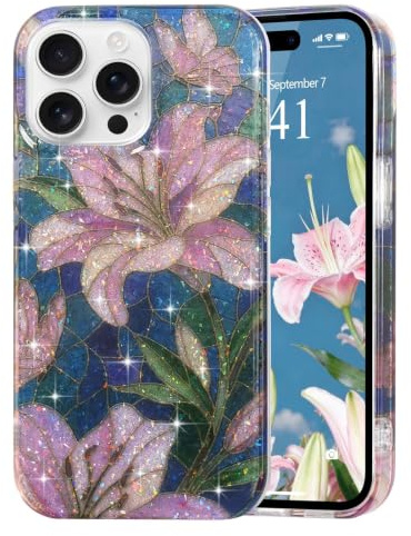 Ethanger Gorgeous Flower Case for iPhone 14 Pro, Lily | Floral Glass Stained Design, Aesthetic Artistic Retro Cover, Glitter Phone Case, Shockproof Protective Case for Women