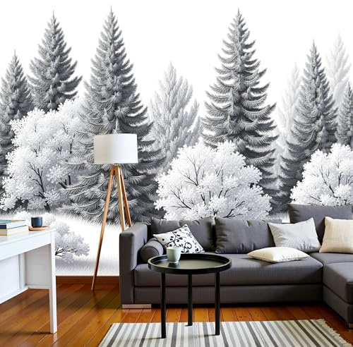 Papier Peint Photo Panoramique 3D Forêt Naturelle Dessinée À La Main Noir Et Blanc Papier Peint Paysage Végétal, Tapisserie Panoramique Salon, Décoration Mural Bureau Enfants Chambre 400X280Cm