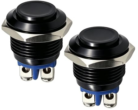 2 Piezas 12V Pulsadores Momentáneo 16mm, Botón Pulsador Metálico Negro | Interruptor Pulsador Impermeable IP20, Botón Interruptor 16 mm para Coche Barco Motocicleta Timbre, 220V / 1A