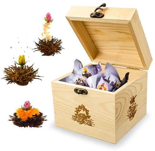Creano Teekiste aus Holz mit 6 Teeblumen Erblühtee - 3 verschiedene Sorten Schwarzer Tee