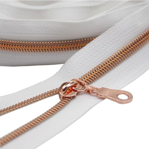 YaHoGa 9 m rosegoldfarbene endlos Reißverschluss Meterware Weiße Reissverschluss 6mm-Spirale + 25 Nonlock-Zipper (rosegoldfarbene Weiße)