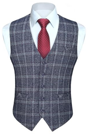 HISDERN Herren Karierte Weste formale klassische Weste Baumwolle Hochzeit Hahnentritt Anzug Westen Blau L