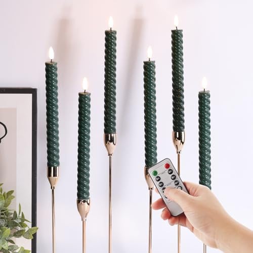 Eywamage Green Spiral Taper Candles with Remote Real Wax Flameless Battery Twist Candles Flickering 10 inch (EU-MA014-S6-Green)