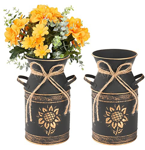 Frcctre 2 Pack Rustic Metal Milk Can Vase, 7.5 Shabby Chic Vase Vintage Milk Jug Country Galvanized Decorative Flower Metal Vase for Living Room, Bedroom, Dinning Table, Black
