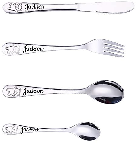 SHUMEI Juego de cubiertos para niños de 4 piezas de grabado personalizado de acero inoxidable ingrese su propio texto personalizado Regalo Forks/Knives/Spoons