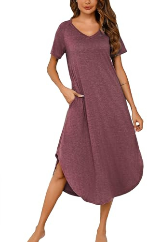 Marvmys Long Nightshirts for Women Short Sleeves Nightwear Sleep Shirts with Pocket Plus Size (Burgundy, XX-Large)