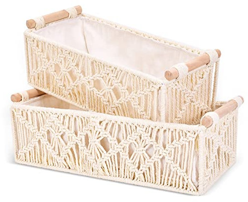 Cucudoner Macrame Storage Basket Boho Decor Baskets,Handmade Woven Decorative Basket,Handmade Countertop Toilet Tank Shelf Cabinet Organizer for Bathroom Decor Bedroom Livingroom Home(Set of 2)