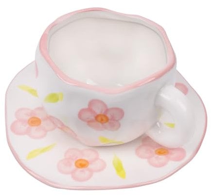 Koythin Ceramic Coffee Mug, Cute Pink Flowers Cup with Saucer for Office and Home, Dishwasher and Microwave Safe, 10 oz/300 ml for Latte Tea Milk (Pink Flowers)