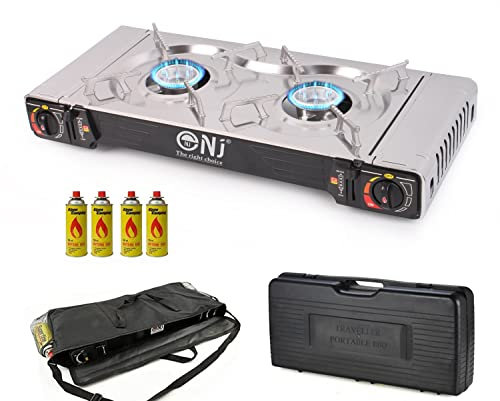 NJ SG-2S Camping Gas Stove - Double Burner Butane Gas Cooker Portable Case