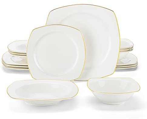 MALACASA Vajillas Completas Modernas 16 Piezas con Borde Dorado, Juegos de Platos de Bone China para 4 Personas Con 4 Platos Hondos/ 4 Platos llanos/ 4 Platos de Postre/ 4 Cuencos, Serie RAFA