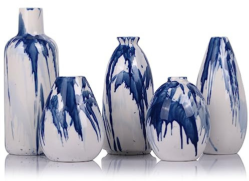 Set mit 5 blauen und weißen Keramikvasen - Moderne Bauernhaus-marineblaue dekorative Vasen für Zuhause, Büro, Wohnzimmer, Tischdekoration - ideale Tafelaufsätze für Blumen, Regal und Kaminakzente