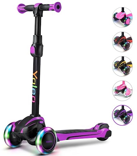 YOLEO - Patinete, con Ruedas Luminosas ledes, 4 Alturas Ajustables, para niños y niñas de 3 a 12 años