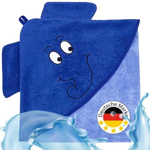 Smithy Kapuzenhandtuch für Baby´s und Kinder 100x100 cm - Elefant Babyhandtuch aus Frottee Baumwolle - Kapuze Handtuch für Mädchen & Jungen (Hellblau)