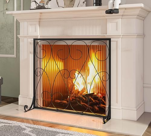Kingson Panel individual hecho a mano de hierro forjado simétrico de desplazamiento para chimenea con marco de acero resistente, malla de metal duradera, decorativa, con acabado negro