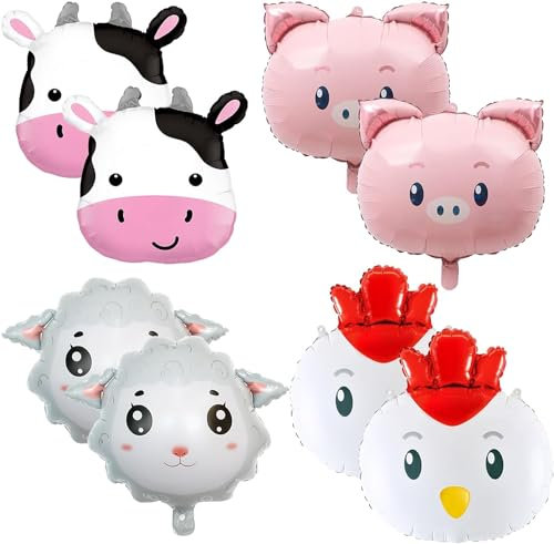 8 Stück Folienluftballon tiere,Bauernhof-Ballon,Party animals luftballons,Tierkopf Ballons,Ballontiere mit Kuh,Schwein,Schaf,Huhn,für Kinder Geburtstag Party Deko