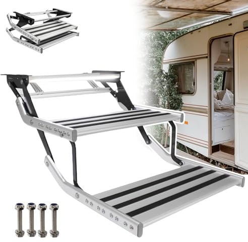 json2xml Elektrische Klappstufe aus Aluminiumlegierung mit LED-Licht – Aluminium-Wohnmobilstufe, Wohnmobil-Einstiegsstufe mit Schalter – automatisches Teleskop- und rutschfestes Design,Doublelayer